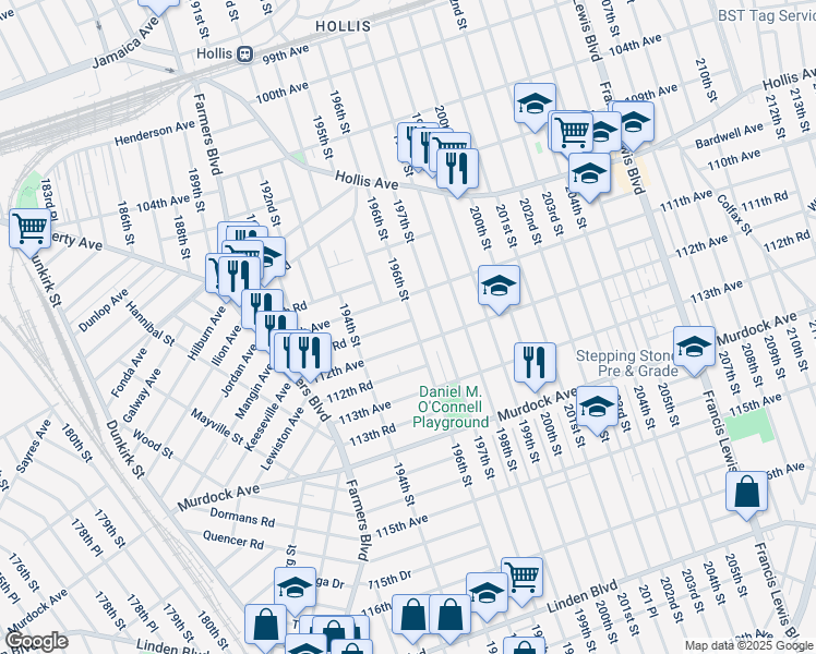 map of restaurants, bars, coffee shops, grocery stores, and more near 111-26 196th Street in Queens