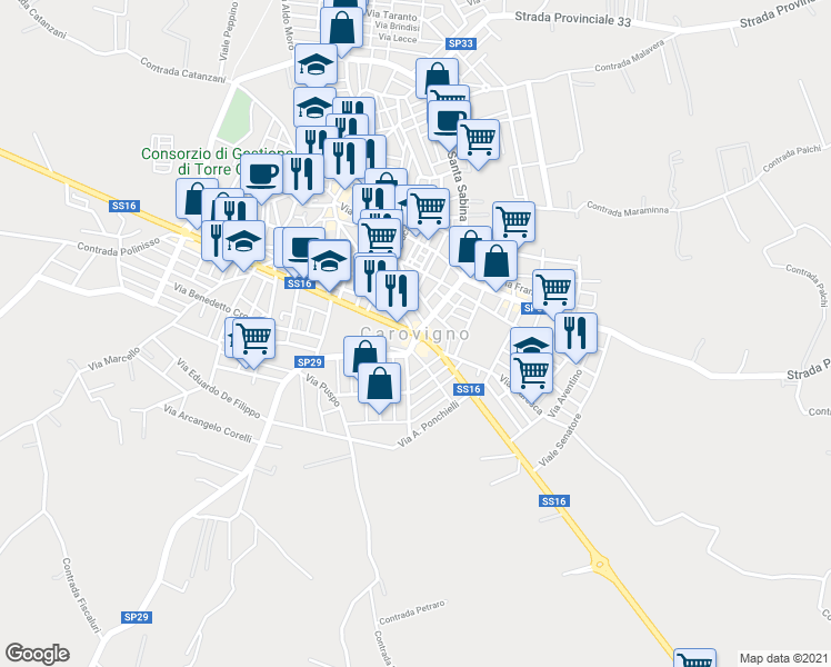 map of restaurants, bars, coffee shops, grocery stores, and more near in Carovigno