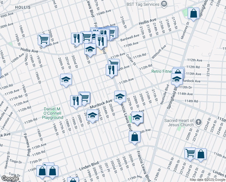 map of restaurants, bars, coffee shops, grocery stores, and more near 205-23 113th Avenue in Queens
