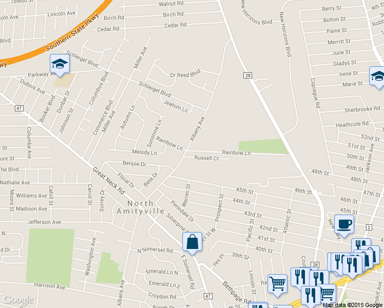 map of restaurants, bars, coffee shops, grocery stores, and more near 3 Russell Ct in Copiague