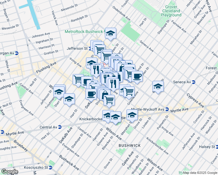 map of restaurants, bars, coffee shops, grocery stores, and more near Stockholm Street in New York