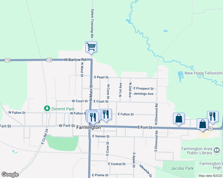 map of restaurants, bars, coffee shops, grocery stores, and more near 201-399 N Cone St in Farmington