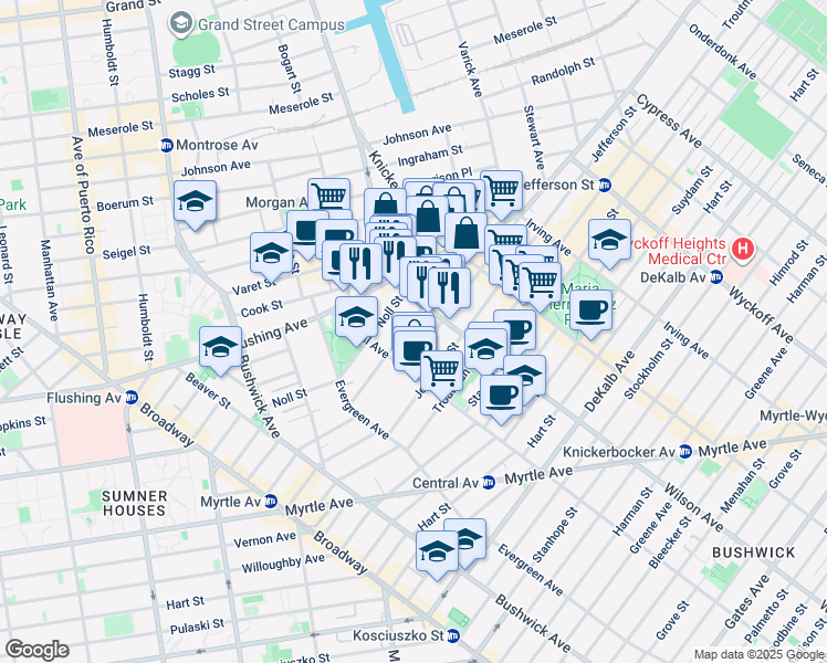 map of restaurants, bars, coffee shops, grocery stores, and more near 84 George Street in Brooklyn