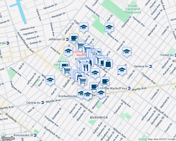 map of restaurants, bars, coffee shops, grocery stores, and more near 300 Stanhope Street in Brooklyn