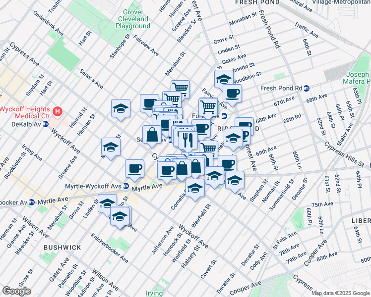 map of restaurants, bars, coffee shops, grocery stores, and more near 761 Seneca Avenue in Queens