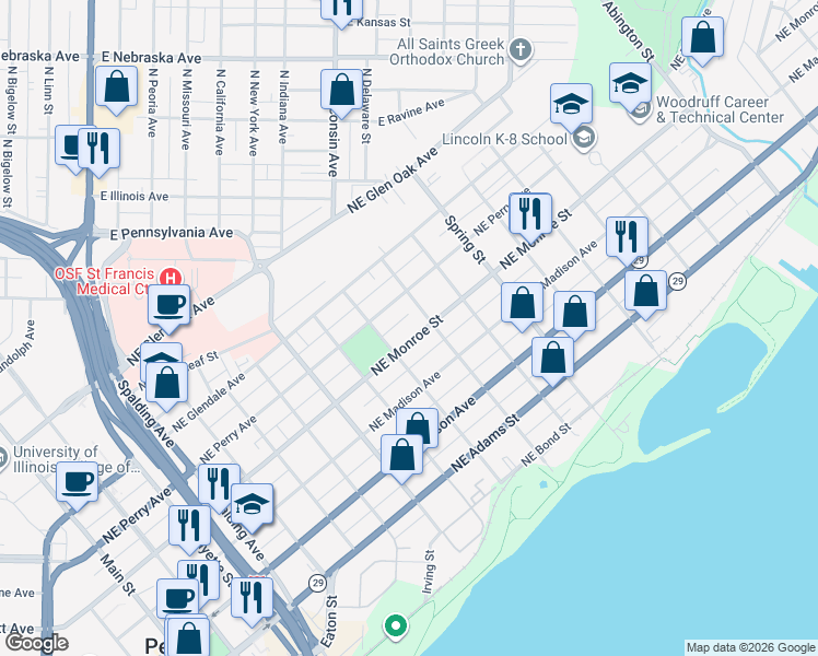 map of restaurants, bars, coffee shops, grocery stores, and more near 1017 Northeast Monroe Street in Peoria