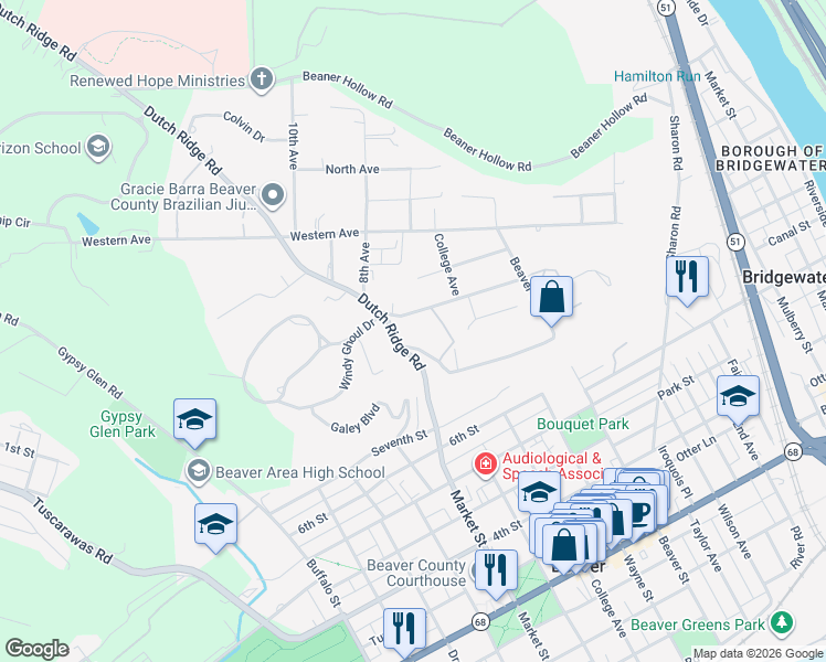 map of restaurants, bars, coffee shops, grocery stores, and more near 623 Midway Dr in Beaver