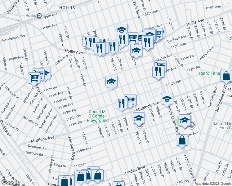 map of restaurants, bars, coffee shops, grocery stores, and more near 112-12 201st Street in Queens
