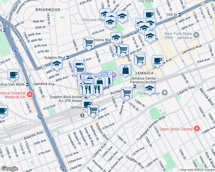 map of restaurants, bars, coffee shops, grocery stores, and more near 90-52 150th Street in Queens