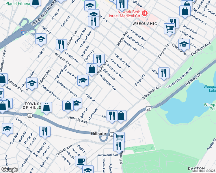 map of restaurants, bars, coffee shops, grocery stores, and more near 126 Williamson Avenue in Hillside