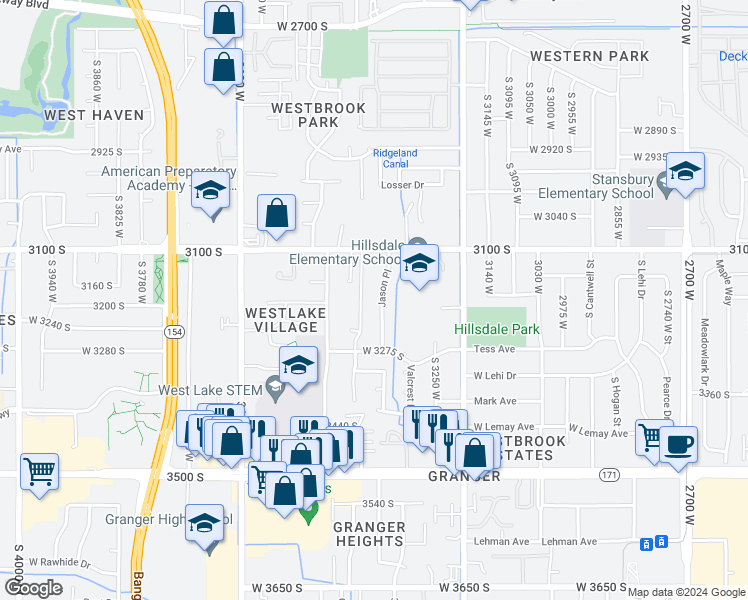 map of restaurants, bars, coffee shops, grocery stores, and more near 3188 Jason Place in West Valley City