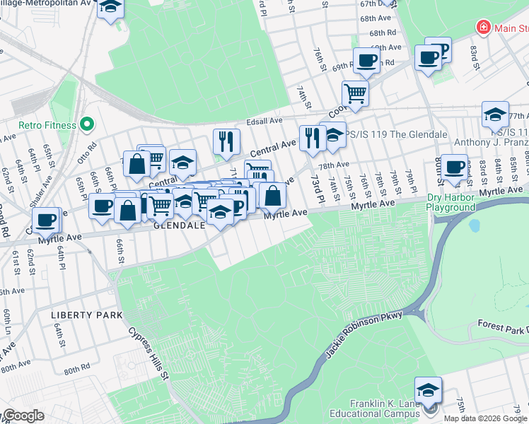 map of restaurants, bars, coffee shops, grocery stores, and more near 71-66 71st Place in Queens