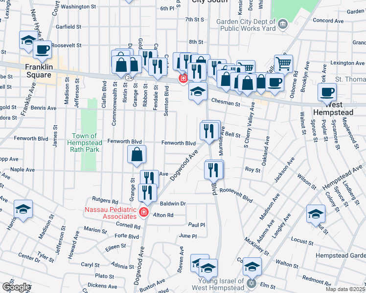 map of restaurants, bars, coffee shops, grocery stores, and more near 639 Fenworth Boulevard in Franklin Square