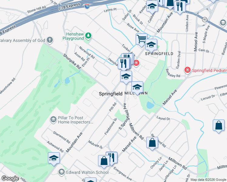 map of restaurants, bars, coffee shops, grocery stores, and more near 291 Mountain Avenue in Springfield