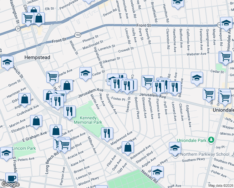 map of restaurants, bars, coffee shops, grocery stores, and more near 268 Jerusalem Avenue in Hempstead