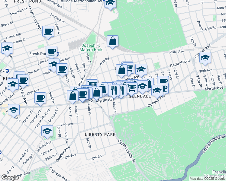map of restaurants, bars, coffee shops, grocery stores, and more near 66-06 Central Avenue in Queens