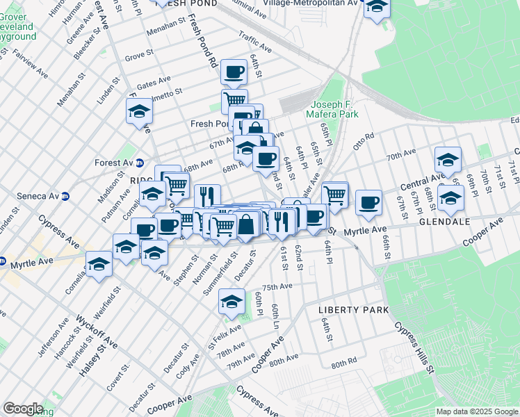 map of restaurants, bars, coffee shops, grocery stores, and more near 60-90 70th Avenue in Queens