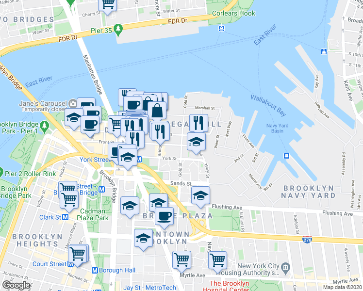 map of restaurants, bars, coffee shops, grocery stores, and more near Gold St & Front St in Brooklyn