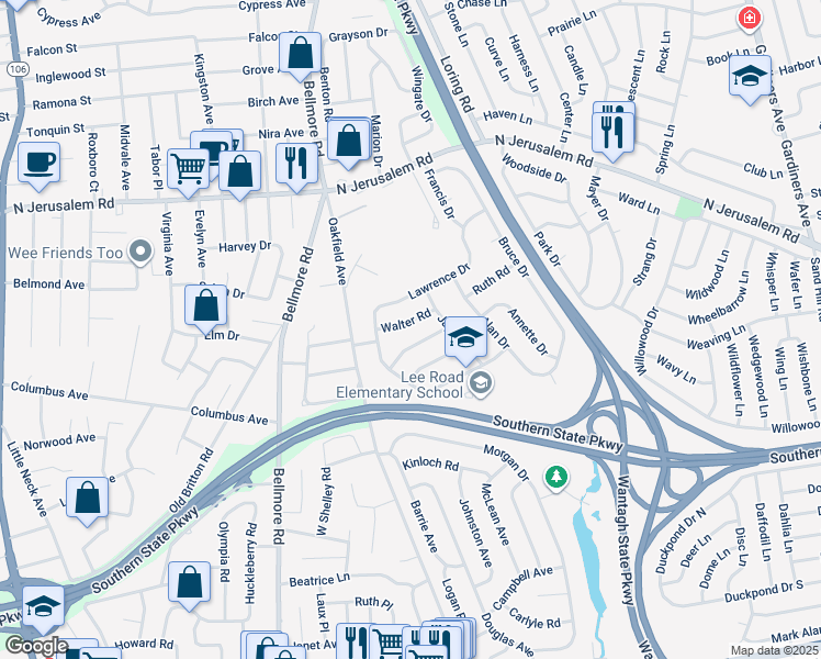 map of restaurants, bars, coffee shops, grocery stores, and more near 2852 Walter Road in Wantagh