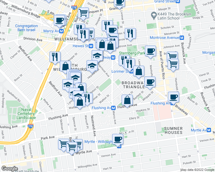 map of restaurants, bars, coffee shops, grocery stores, and more near 132 Middleton Street in Brooklyn