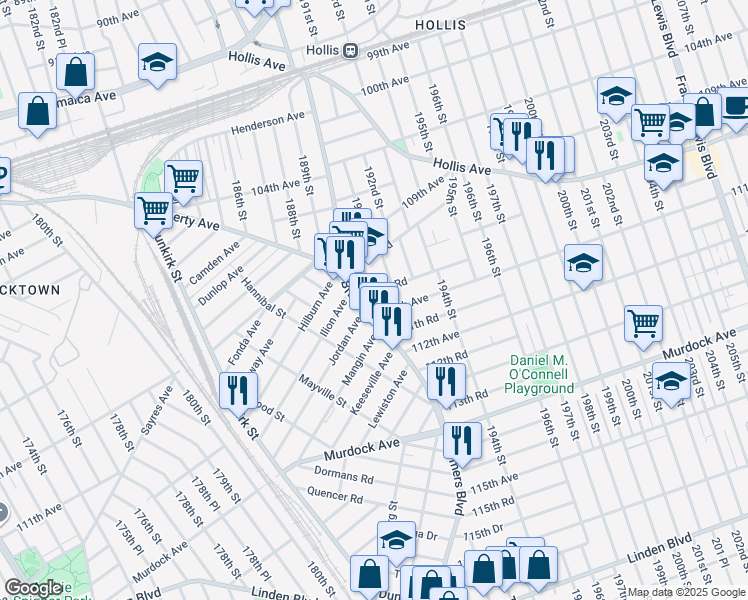 map of restaurants, bars, coffee shops, grocery stores, and more near 190-18 110th Road in Queens