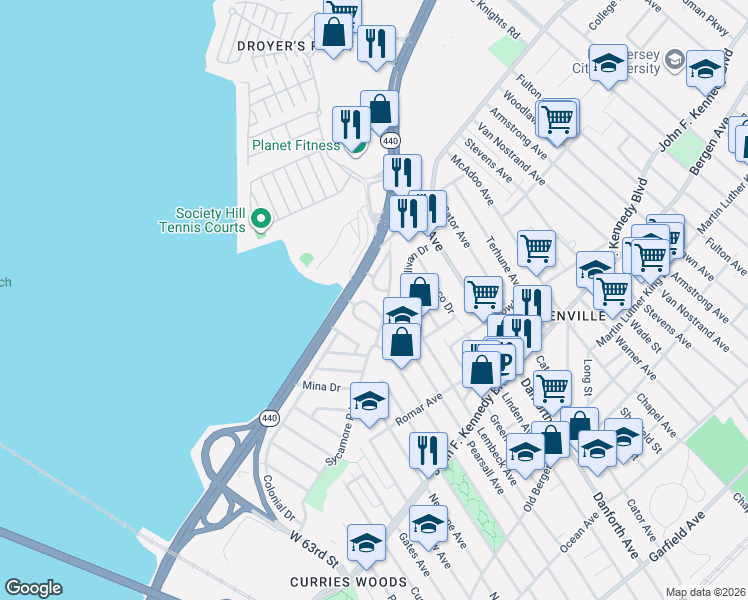 map of restaurants, bars, coffee shops, grocery stores, and more near 45 Suburbia Drive in Jersey City