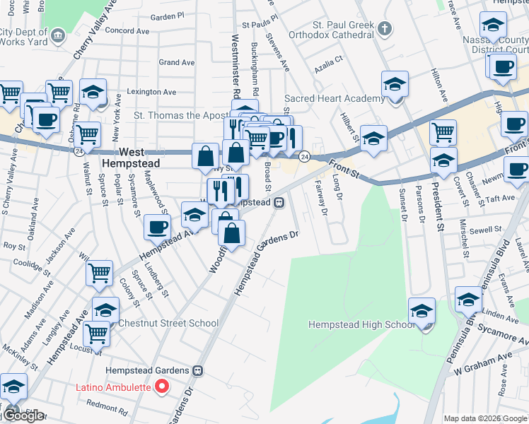 map of restaurants, bars, coffee shops, grocery stores, and more near 130 Hempstead Avenue in West Hempstead