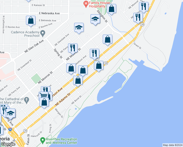 map of restaurants, bars, coffee shops, grocery stores, and more near 1411 Northeast Adams Street in Peoria