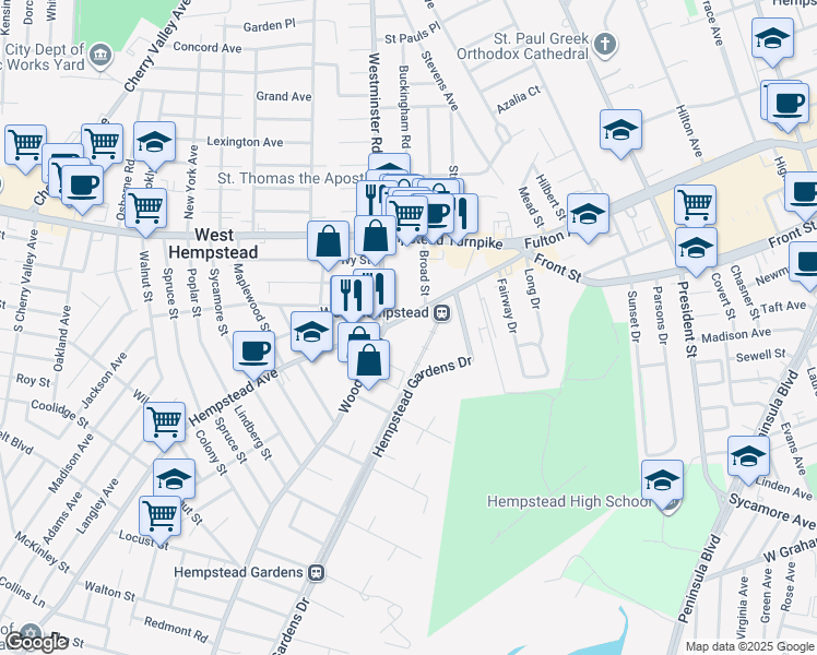 map of restaurants, bars, coffee shops, grocery stores, and more near 130 Hempstead Avenue in West Hempstead
