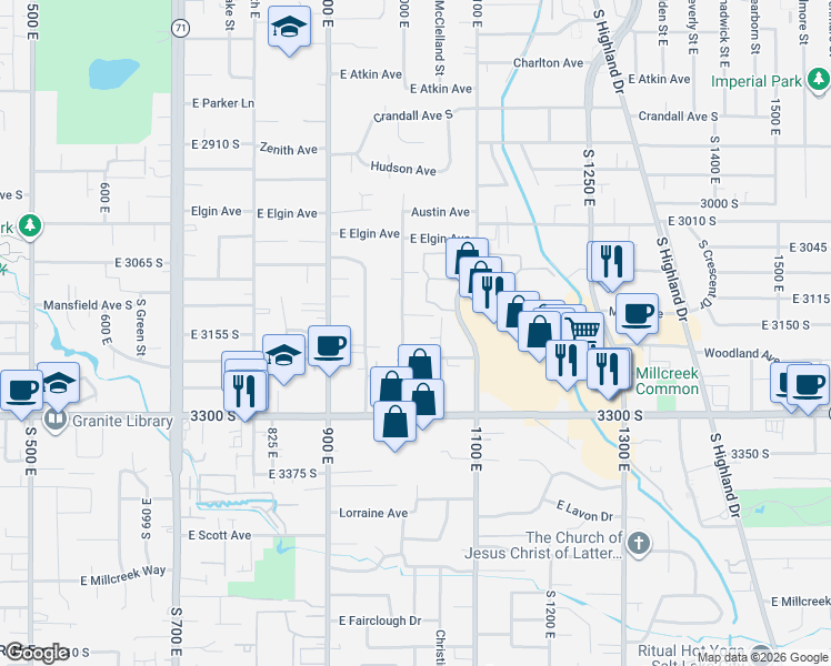map of restaurants, bars, coffee shops, grocery stores, and more near 3151 South 1000 East in Millcreek