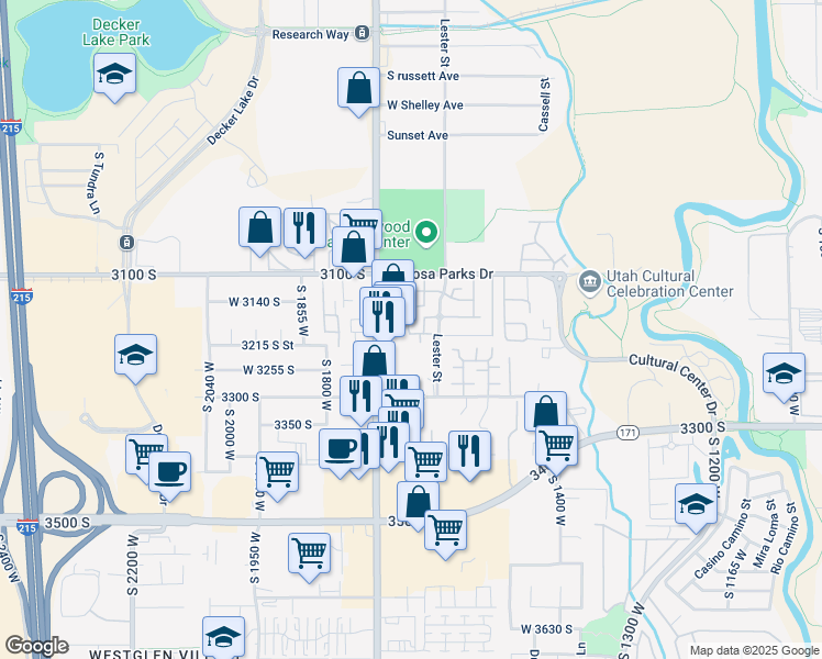 map of restaurants, bars, coffee shops, grocery stores, and more near 3185 Matisse Lane in West Valley City