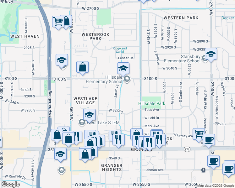 map of restaurants, bars, coffee shops, grocery stores, and more near 3179 Jason Place in West Valley City