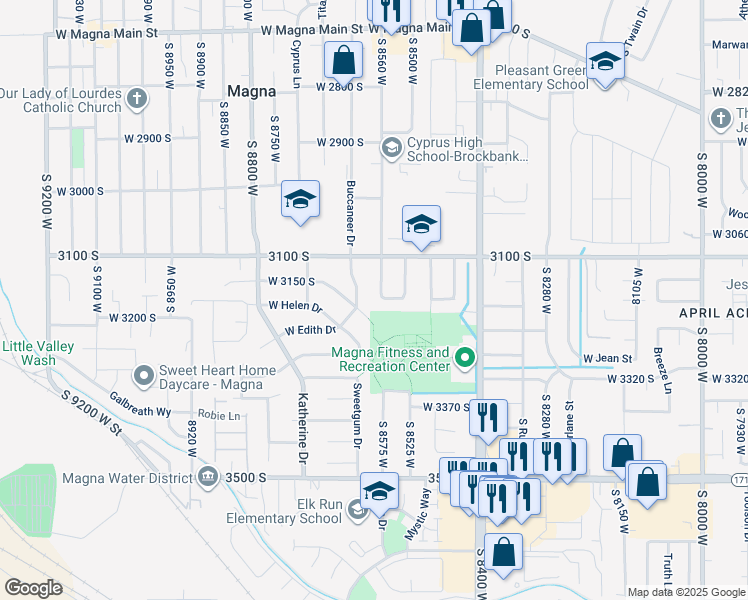 map of restaurants, bars, coffee shops, grocery stores, and more near 3162 South 8560 West in Magna