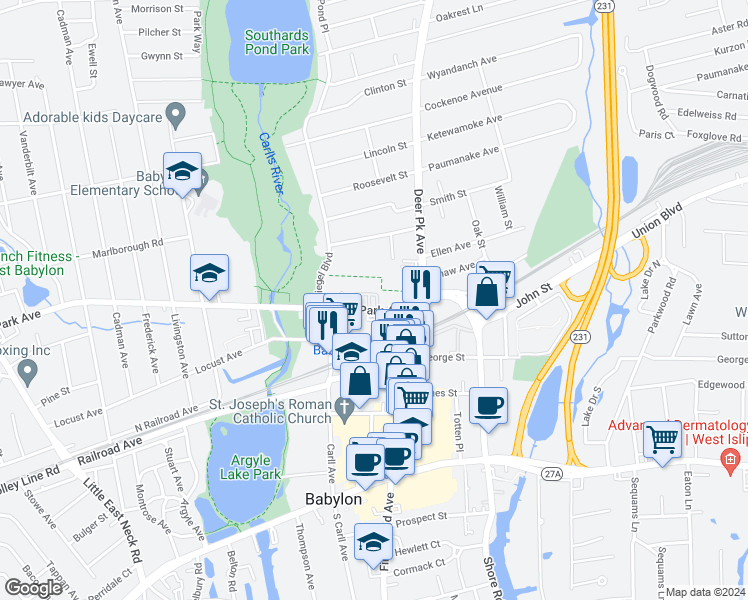map of restaurants, bars, coffee shops, grocery stores, and more near 5159 Park Avenue in Babylon