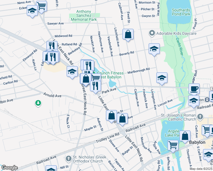 map of restaurants, bars, coffee shops, grocery stores, and more near 42 Haab Avenue in Babylon