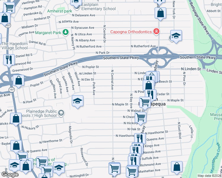 map of restaurants, bars, coffee shops, grocery stores, and more near 246 North Beech Street in Massapequa