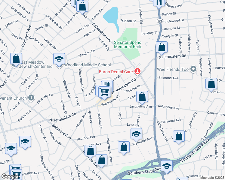 map of restaurants, bars, coffee shops, grocery stores, and more near 2068 Central Drive South in East Meadow