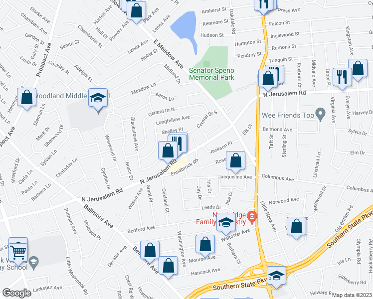 map of restaurants, bars, coffee shops, grocery stores, and more near 2068 Central Drive South in East Meadow