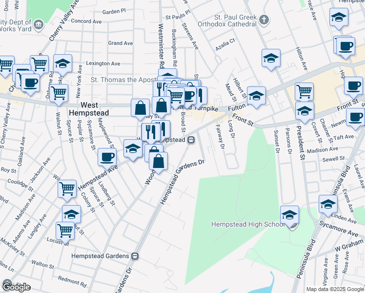 map of restaurants, bars, coffee shops, grocery stores, and more near in West Hempstead