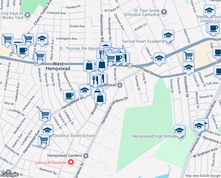 map of restaurants, bars, coffee shops, grocery stores, and more near in West Hempstead