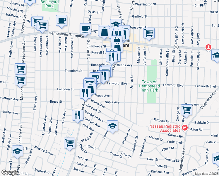 map of restaurants, bars, coffee shops, grocery stores, and more near 197 Franklin Avenue in Franklin Square