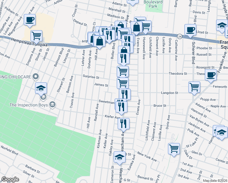 map of restaurants, bars, coffee shops, grocery stores, and more near 1374 Blossom Street in Elmont