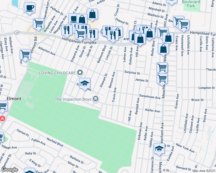 map of restaurants, bars, coffee shops, grocery stores, and more near 1529 Brunswick Place in Elmont