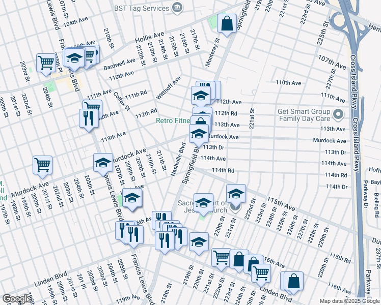map of restaurants, bars, coffee shops, grocery stores, and more near 213-16 Nashville Boulevard in Queens