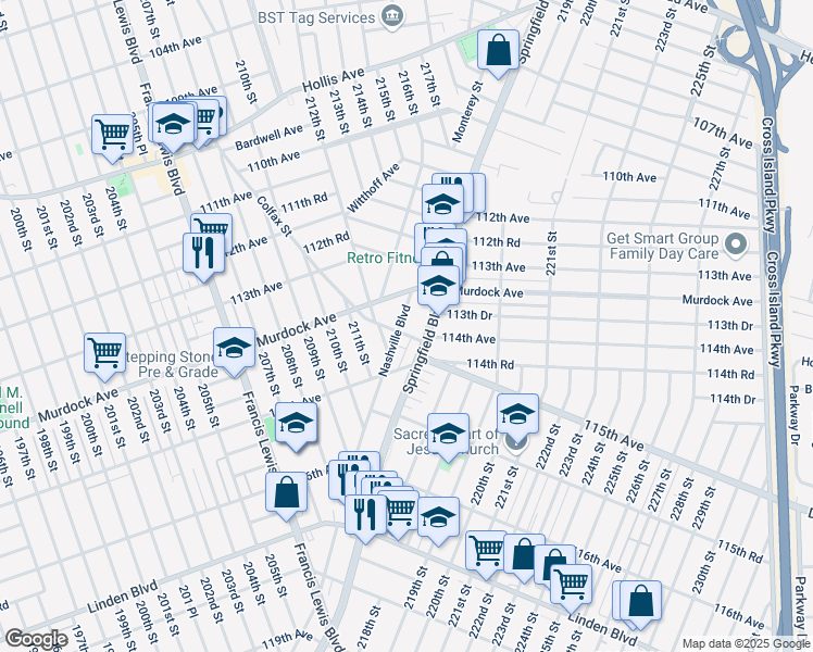 map of restaurants, bars, coffee shops, grocery stores, and more near 213-16 Nashville Boulevard in Queens