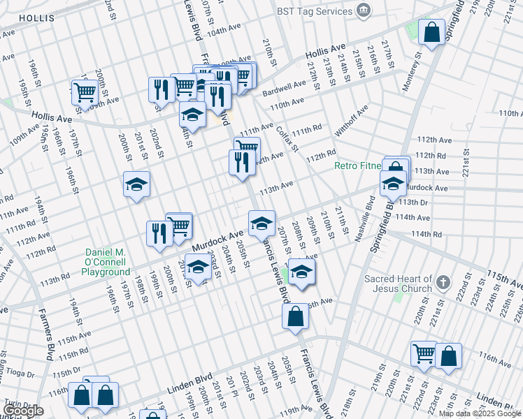 map of restaurants, bars, coffee shops, grocery stores, and more near 113-20 Francis Lewis Boulevard in Queens