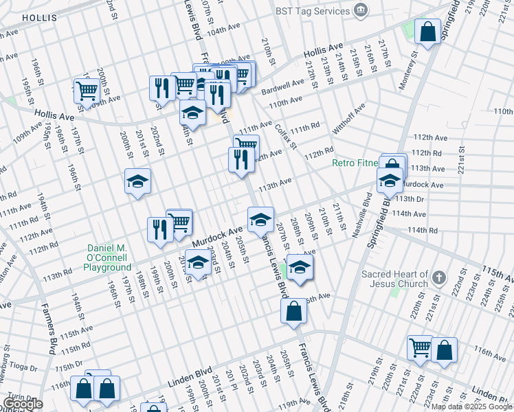 map of restaurants, bars, coffee shops, grocery stores, and more near 113-20 Francis Lewis Boulevard in Queens