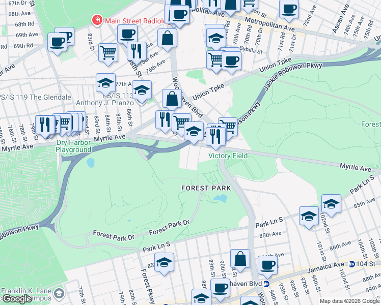 map of restaurants, bars, coffee shops, grocery stores, and more near 82-54 88th Place in Queens