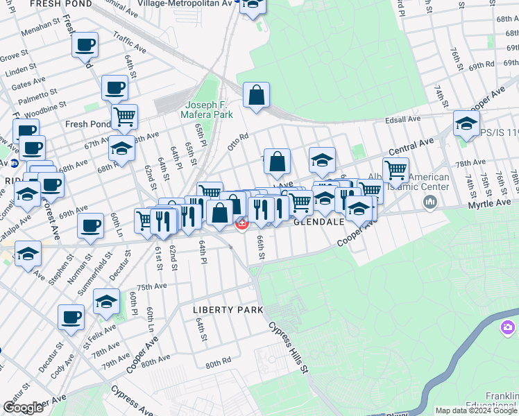 map of restaurants, bars, coffee shops, grocery stores, and more near 66-06 Central Avenue in Queens