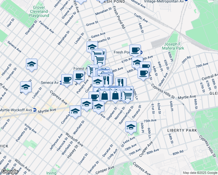 map of restaurants, bars, coffee shops, grocery stores, and more near 68-59 Forest Avenue in Queens